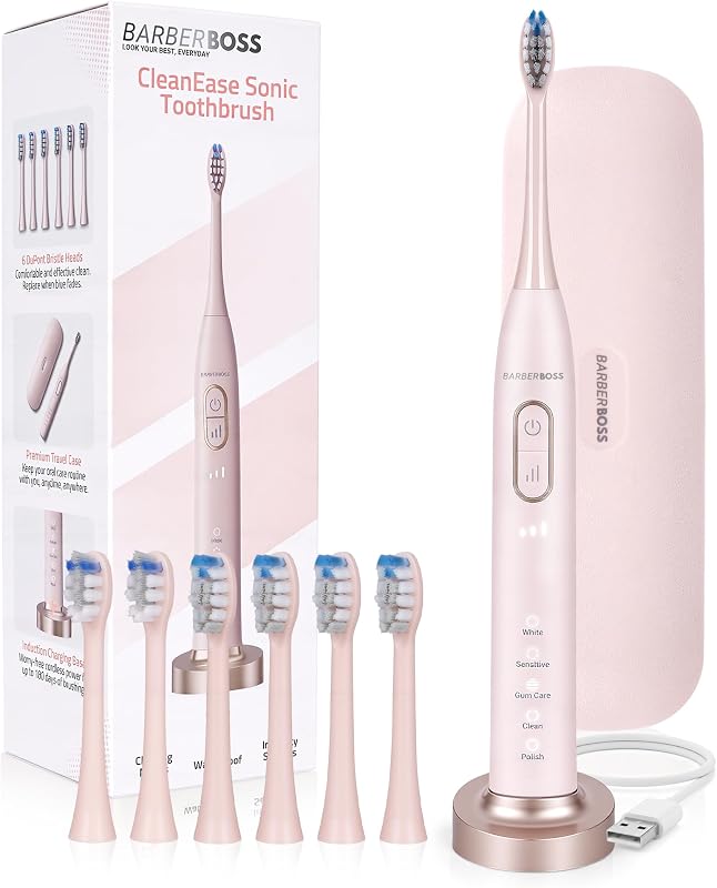 Spazzolino elettrico sonico per adulti, spazzolino ricaricabile rosa con base di ricarica USB, 5 modalità di pulizia × 3 intensità, timer intelligente da 2 minuti, 6 testine, QR-7303