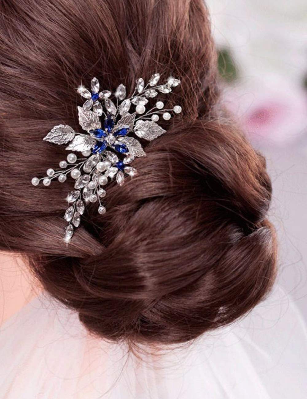 BERYUAN Women Crystal Blue Flower Headpiece Leaf Pearl Hair Vine Comb Silver Wedding Hair Accessory Party Headpiece for Bride Bridesmaid (silver)