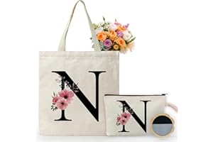 WIERAEM Initial canvas tote bag Makeup Bag for women A-T with zipper Suitable for everyday wear weddings birthdays friends