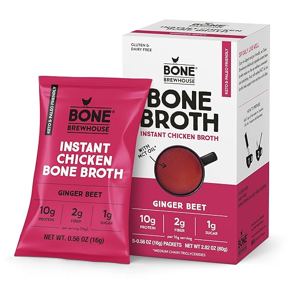 BONE BREWHOUSE – CHICKEN BONE BROTH PROTEIN POWDER – GINGER BEET FLAVOR – KETO & PALEO FRIENDLY – INSTANT SOUP BROTH – 10G PROTEIN – NATURAL COLLAGEN, GLUTEN-FREE & DAIRY FREE – 5 INDIVIDUAL PACKETS