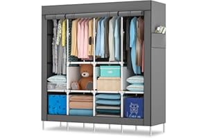 Mihoho Portable Wardrobe, 67 Inch Closet for Hanging Clothes, Metal Clothing Rack Organizer, Free Standing Wardrobe with Gray Oxford Fabric Cover, 67" WX65 HX17.7 D (Light Gray, King-Size)