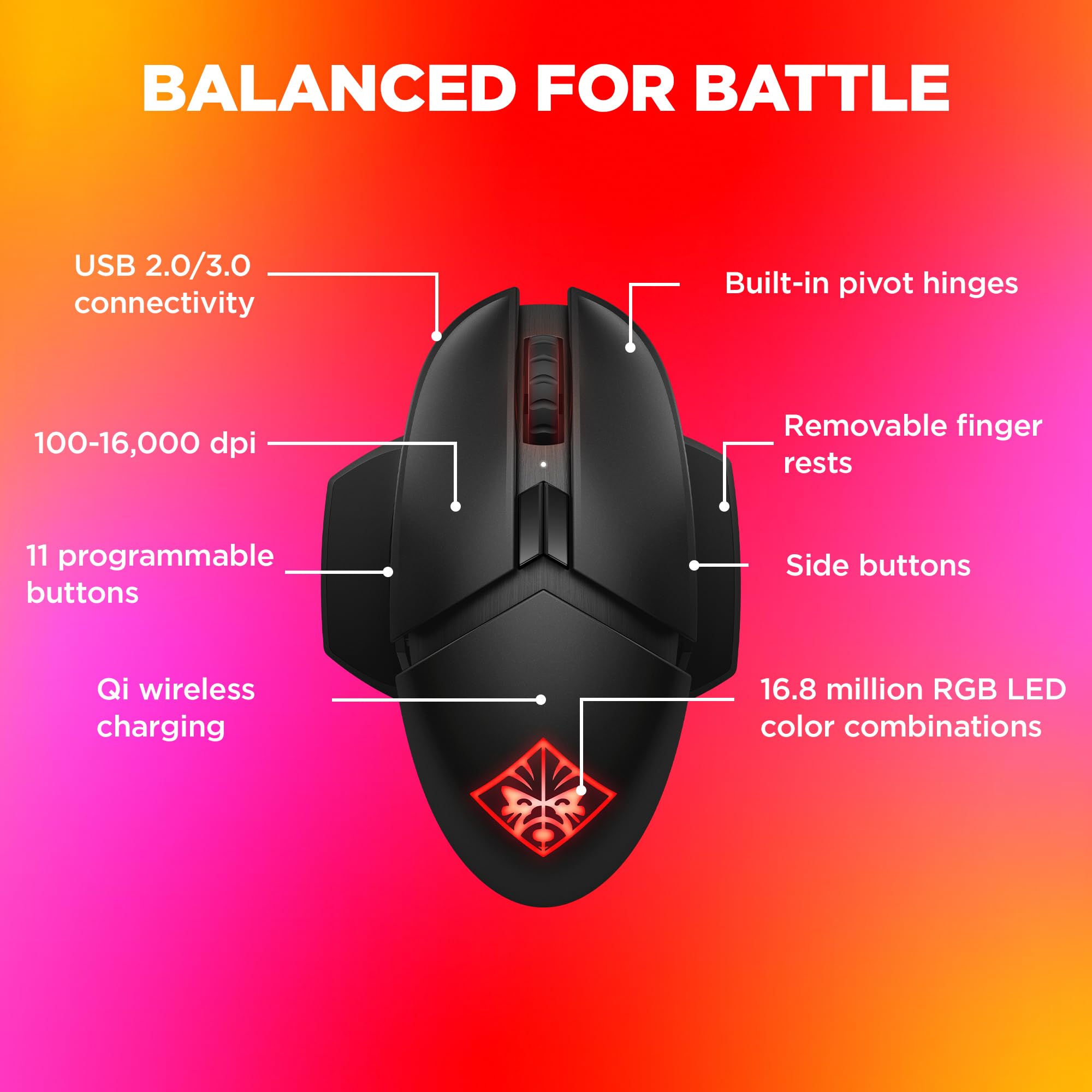 OMEN by HP Photon Wireless Gaming Mouse with Qi Wireless Charging, Programmable Buttons, Custom RGB, E-Sport DPI (6CL96AA)
