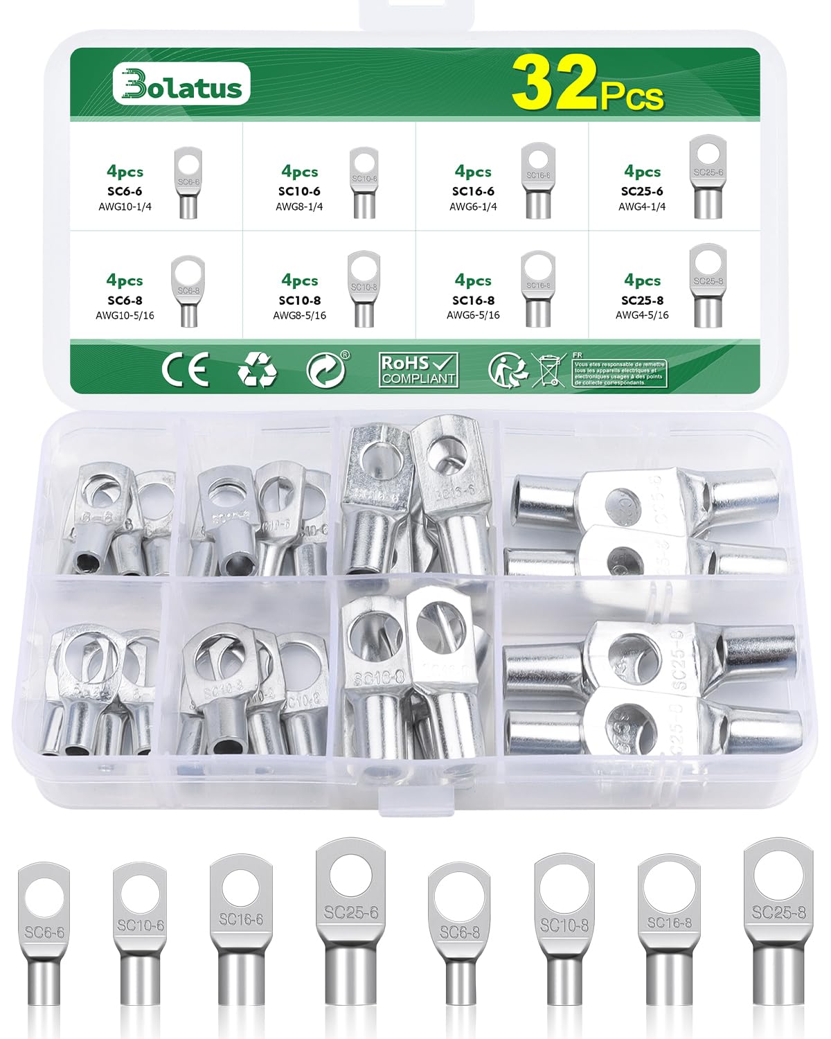 Bolatus 32Pcs Cable Lugs Set - M6 M8 SC Ring Terminals, Tinned Copper, Tubular, Crimp Type