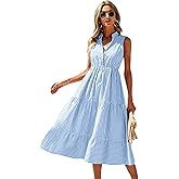 Floerns Women's Striped Print Notched Neck Sleeveless Ruffle A Line Midi Dress