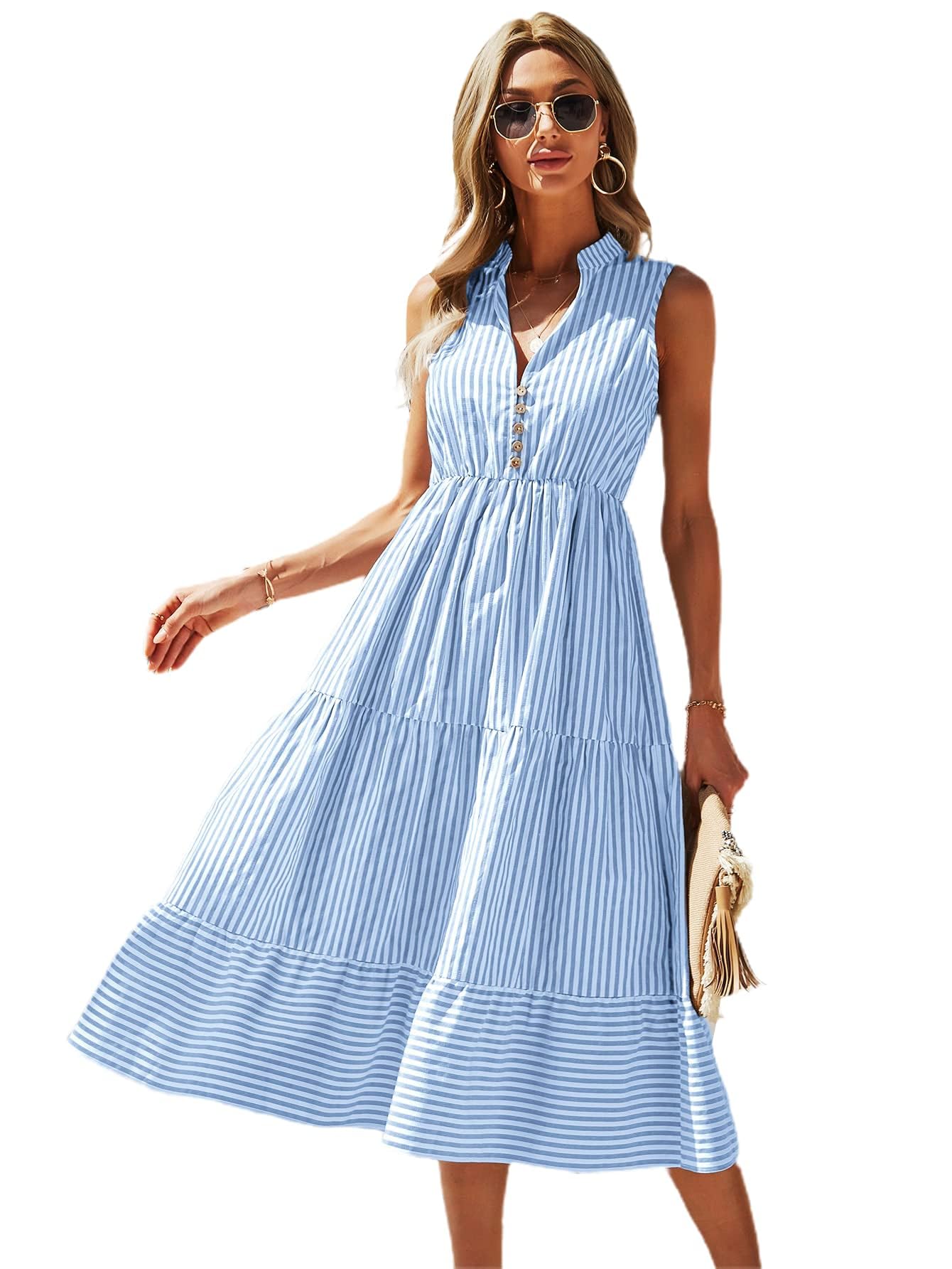Photo 1 of Floerns Women's Striped Print Notched Neck Sleeveless Ruffle A Line Midi Dress Blue S
