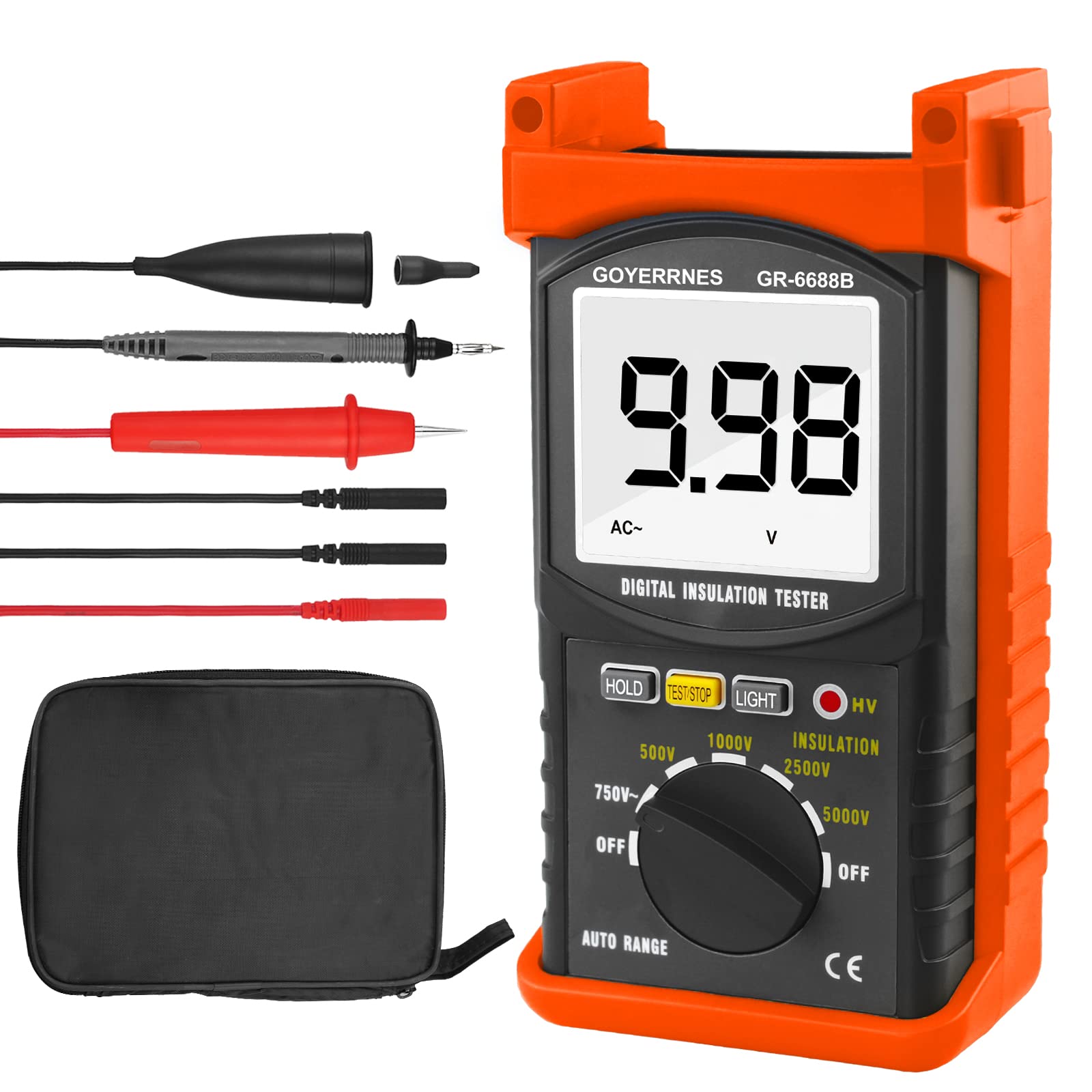 Insulation Resistance Tester,GR-6688B Portable Megohmmeter 200 Gig Ohm Digital Insulation Resistance with range 500V/1000V/2500V/5000V,with Data Hold Backlight,Testing for Floor Heating Cable