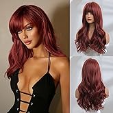 Honygebia Dark Red Wig with Bangs - Burgundy Wigs for Women, Wine Red Long Straight Layered Realistic Hair, Natural Synthetic Heat Resistant Wigs for Halloween/Christmas/Cosplay/Party