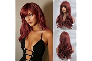 Honygebia Dark Red Wig with Bangs - Burgundy Wigs for Women, Wine Red Long Straight Layered Realistic Hair, Natural Synthetic Heat Resistant Wigs for Halloween/Christmas/Cosplay/Party