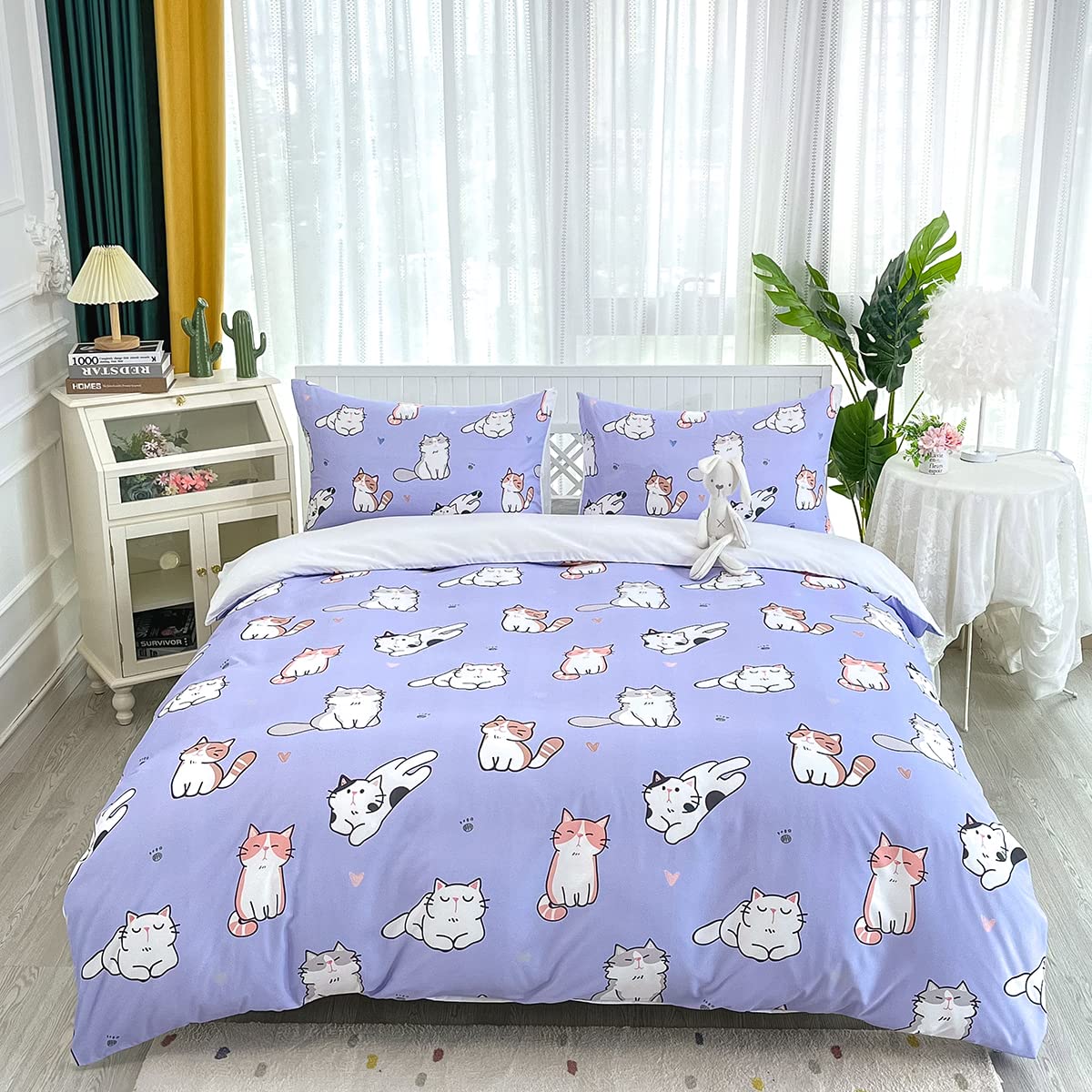 HOSIMA Purple Cats Duvet Cover King Size, Kawaii Cat Bedding Set, Durable Comforter Cover Set for Boys Girls, Easy Care (No Comforter)