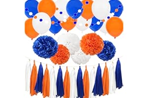 INBY Carnival Navy Blue Orange White 38pcs American Birthday Bachelorette Baby Shower Wedding Party Decoration Kit - - 12" 10" Tissue Pom Pom, 12' Latex Balloon, Paper Tassel, Circle Dot Garland