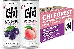 CHI FOREST Sparkling Water Beverage, Peach & Grape drinks, Zero Sugar or Artificial Flavor, 11.16 fl oz Cans (Pack of 12)