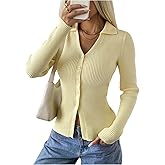 GORGLITTER Women's Long Sleeve Button Up Knit Sweater Dressy Casual Lightweight V Neck Collared Fall Cardigan Sweaters