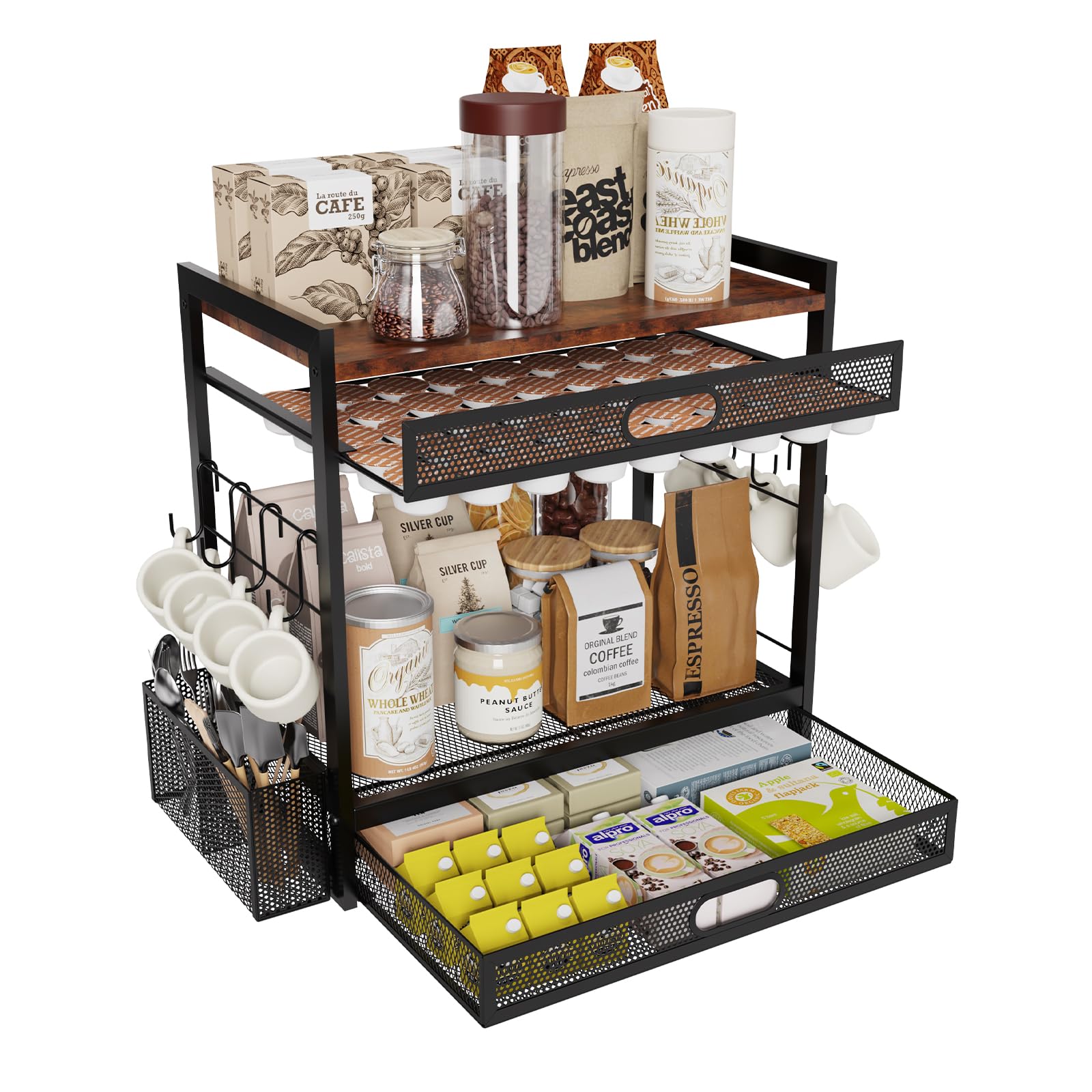 Photo 1 of Coffee Bar Organizer Station with CoffeePod Drawer Mug Cup Holder and Tea Condiment Storage for Countertop Organizer CoffeeBar Accessories for Kitchen,Home,Office