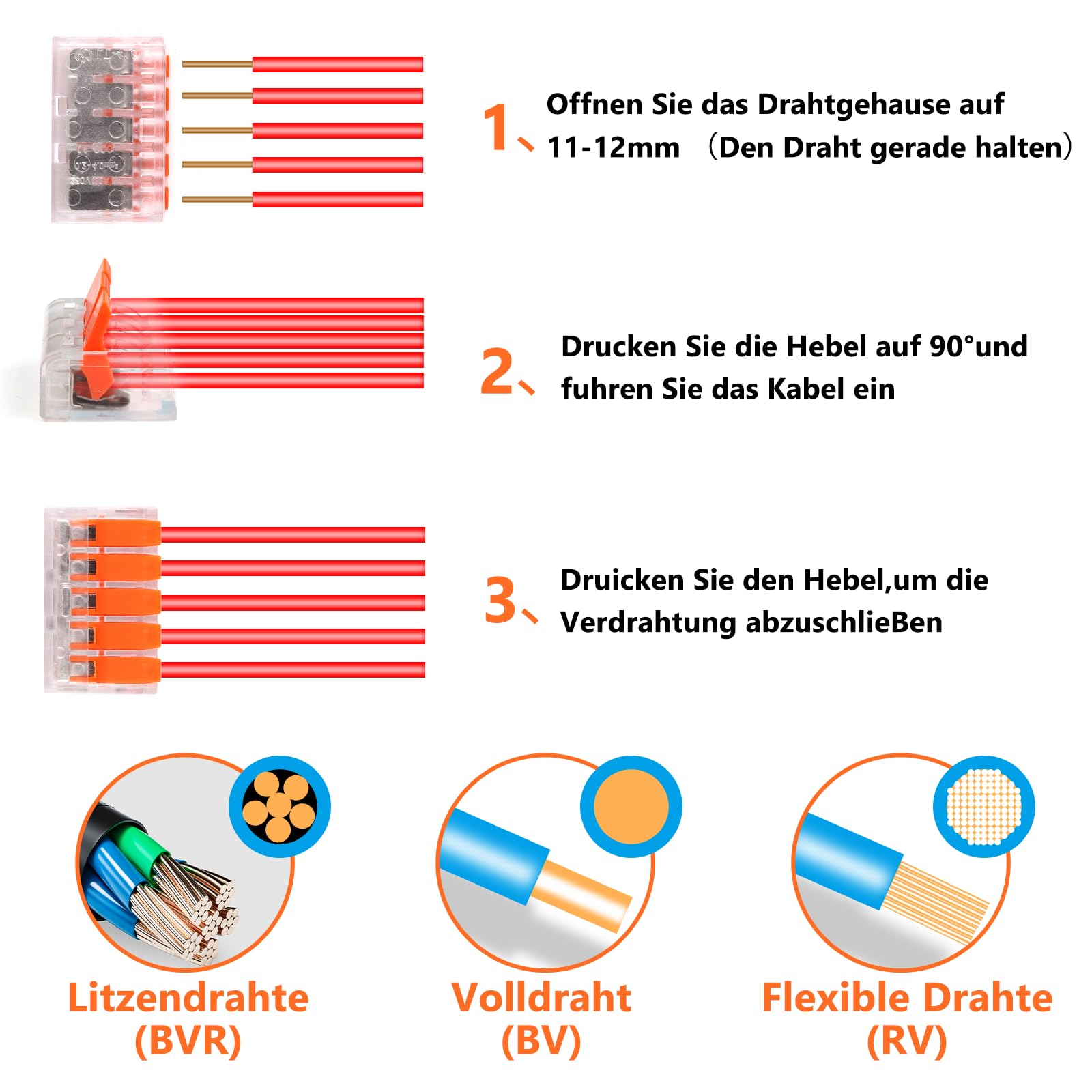 Kabelverbinder Kabelklemmen Elektro, 60 Stück Verbindungsklemmen Klemme mit Betätigungshebel, 4mm² Leiter Klemme Lüsterklemmen Verbindungsklemme Kombiniert Werden für Feste Kabe 2-3-5 Leiter 4