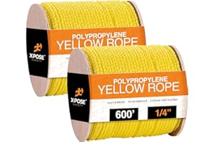 Yellow Twisted Polypropylene Rope - Floating Poly Pro Cord - Resistant to Oil, Moisture, Marine Growth and Chemicals - Reduced Slip, Easy Knot, Flexible - by Xpose Safety (1, 1/4" x 600')