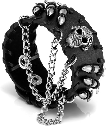 Amazon Jovivi Mak ジュエリー ファッションアクセサリー メンズ レザー 本革 合金 銅 パンク系 ドクロ 髑髏 銃弾 弾丸 リスト バンド ベルト ブレスレット カラー ブラック シルバー ギフトバッグを提供 ブレスレット 通販