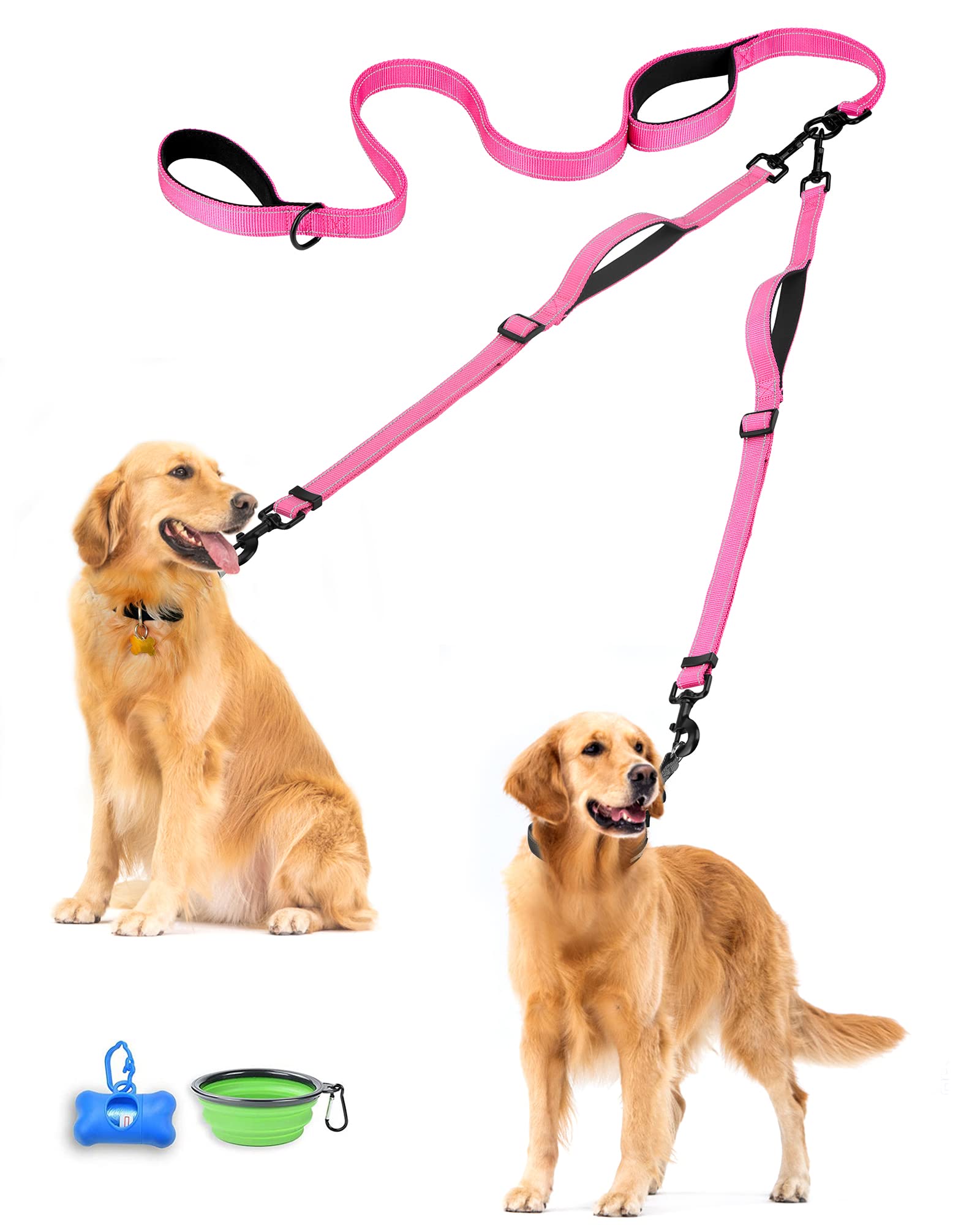 PetBonus Double Dog Leash, No Tangle Dual Leash, Reflective Walking Training Lead, 4 Comfortable Padded Handles for 2 Dogs with Collapsible Bowl and Waste Bags (Pink, Large)