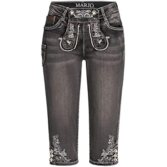 MarJo Trachten Damen Trachten-Mode Jeans-Kniebundlederhose Franziska in Schwarz