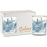 Culver 22k Gold Rim Blue Coastal Beach Shells DOF Double Old-Fashioned Glasses, 13.5-Ounce, Gift Boxed Set of 2