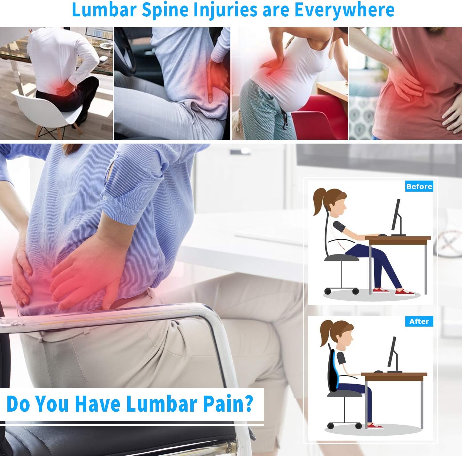 Lumbar Support Pillow,Memory Foam Back Support for Office Chair,Computer Chair,Car Seat,Recliner with Breathable 3D Mesh Cover,Ergonomic Design Orthopedic Backrest for Back Pain Relief: Kitchen & Dining