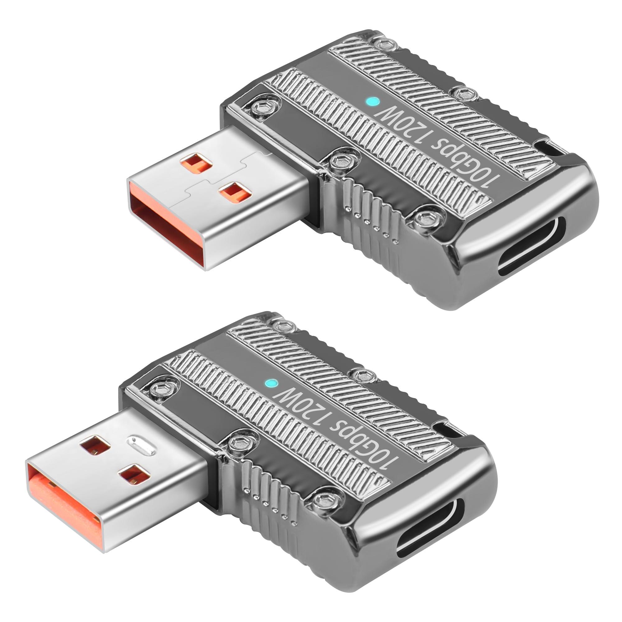 GELRHONR USB to USB C Adapter, USB3.1 Gen2 Converter, Zinc Alloy 90Degree USB 3.1 A Male to Type-C Female Connector Support 120W Super Fast Charging 10Gbps Data Transfer-2PCS (Style 1)