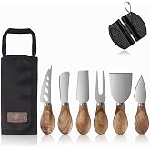 Esie Houzie Stainless Steel Cheese Knife Set with Wood Handle, 6 Piece | Charcuterie Board Accessories, Mini Cheese Knives Cheese Serving Cutting, Storage Bag &amp; Sharpener Included