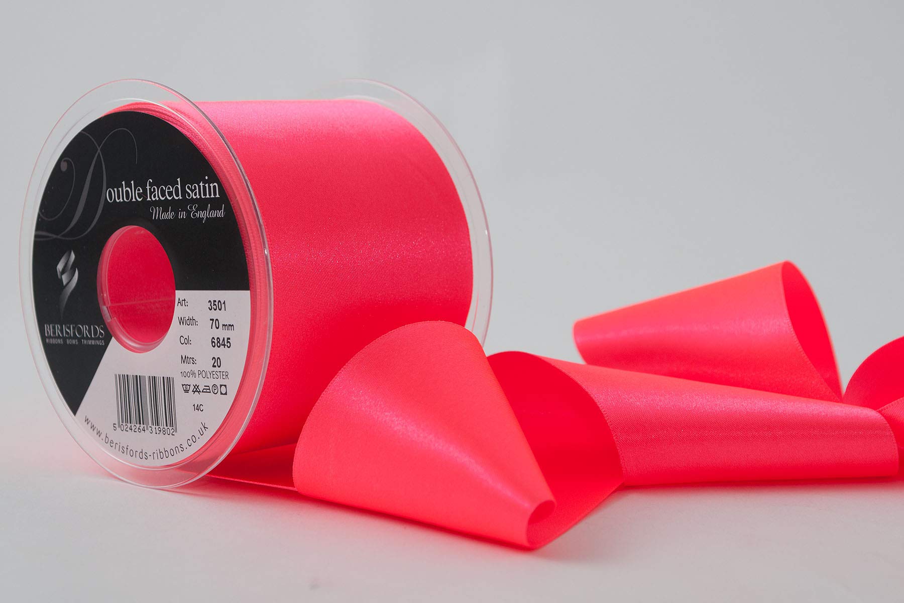 Berisfords 70 mm Double Faced Polyester Satin Ribbon, Flo Pink