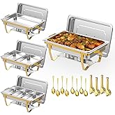 ZLMTZDJD 4 Pack 9 Qt Gold Chafing Dishes for Buffet Set with 12 Serving Utensils (4 Tongs, 4 Ladles, 4 Slotted Spoons) - Elegant Gold Chafing Dishes for Wedding Catering, Buffets & Events (half gold)