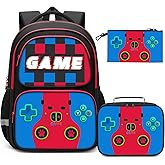 Aogebaby 17 Inch Gaming Backpack 3pcs Set for Boys Teens - Video Game Themed School Bookbag with Insulated Lunch Box & Pencil Case, Lightweight Durable for Elementary Middle High School Daily Use