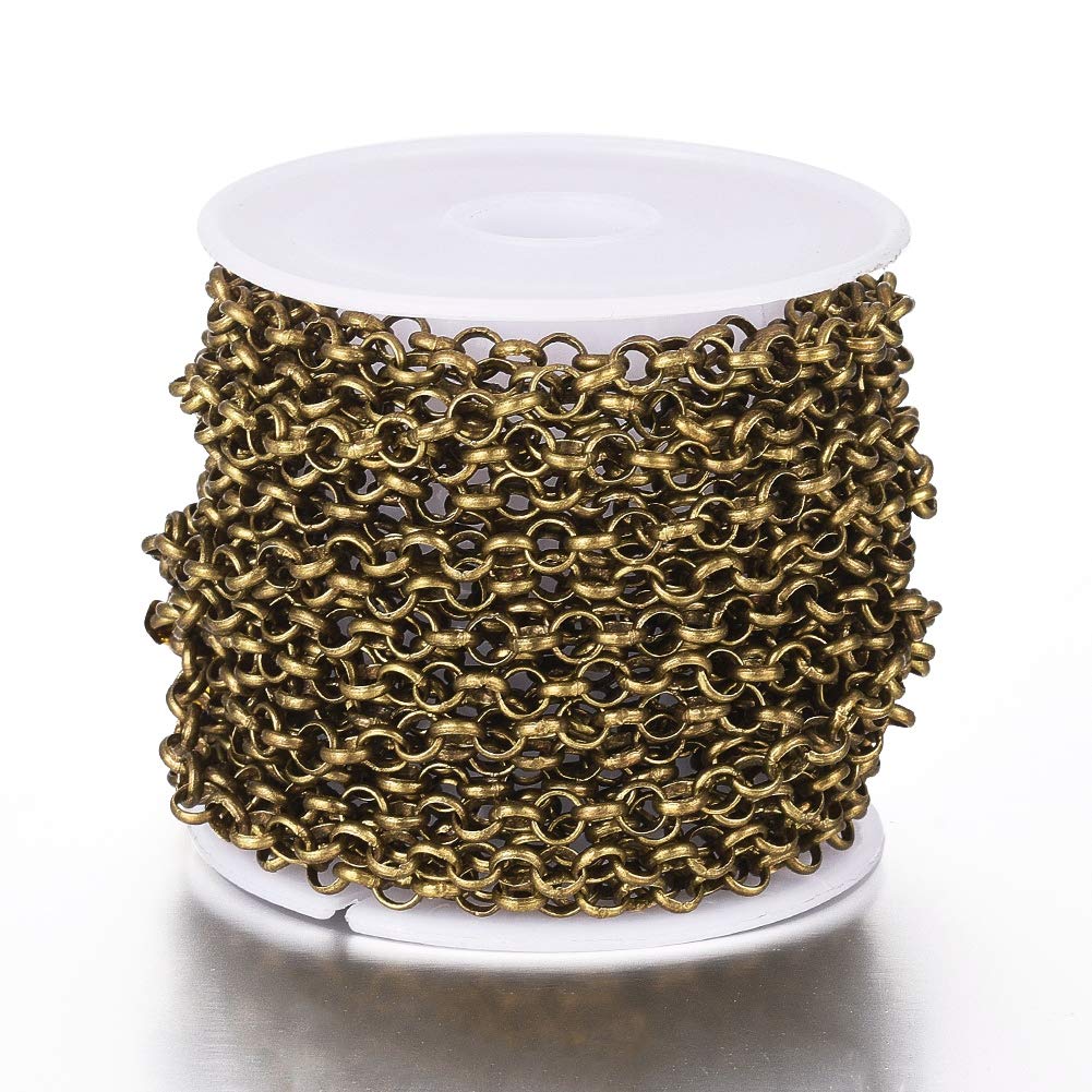 Beadthoven 16.4Ft Round Belcher Chains 4mm Diameter Brass Cross Rolo Chains Necklace with Spool for Bracelet Anklets Choker Jewelry Making Antique Bronze