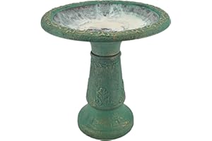Arcadia Garden Products BB04 Fiberclay Bird Bath Outdoor Garden Decor, Antique Vintage Weather Resistant Water Bowl for Backyard and Patio and, 20-inch Tall, Green