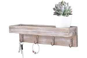 Sageme Entryway Shelf Wall Mounted,Vintage Rustic Farmhouse Solid Real Wood Floating Shelf Key Holder Shelf with 4 Key Hooks for Entryway, Mudroom, Kitchen, Bathroom (4 Hooks, Bronze)
