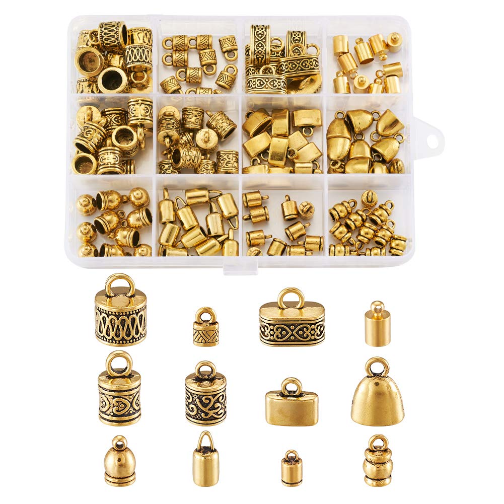 120pcs/box 12 Styles Tibetan Golden Cord End Caps Glue-in Tube Column Barrel Clasp for Tassel Bracelet Jewellery Making