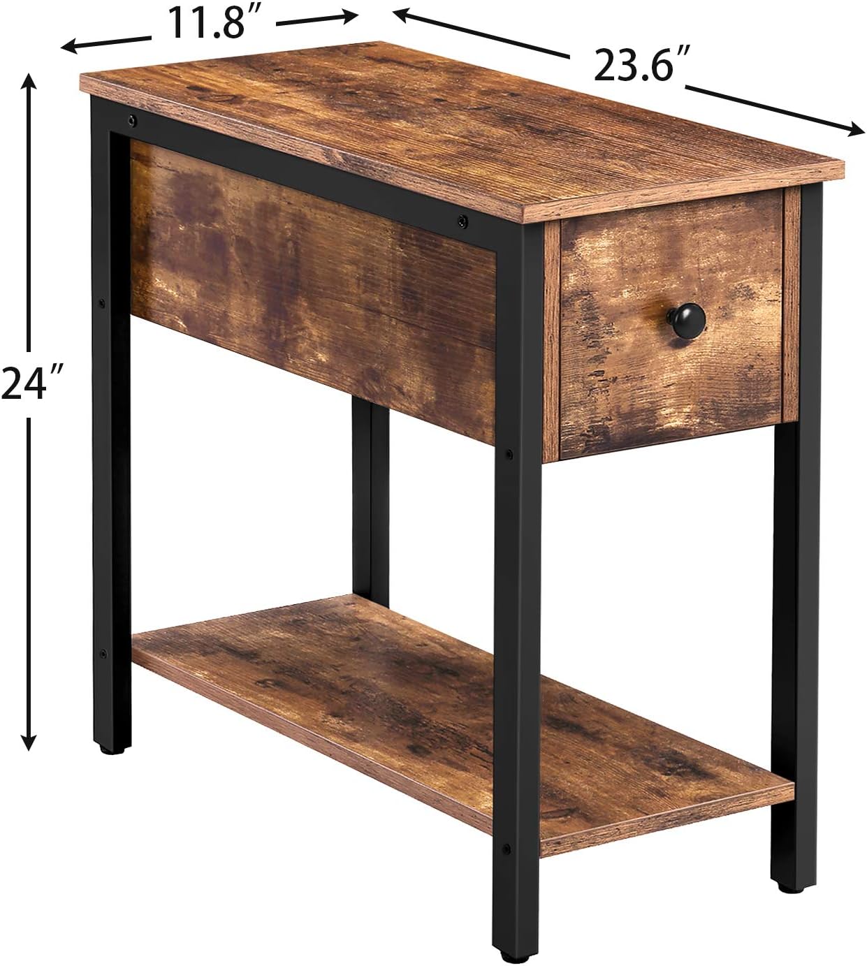 HOOBRO Side Table, 2-Tier Nightstand with Drawer, Narrow End Table for Small Spaces, Stable and Sturdy Construction, Wood Look Accent Furniture with Metal Frame, Rustic Brown and Black BF04BZ01: Kitchen & Dining