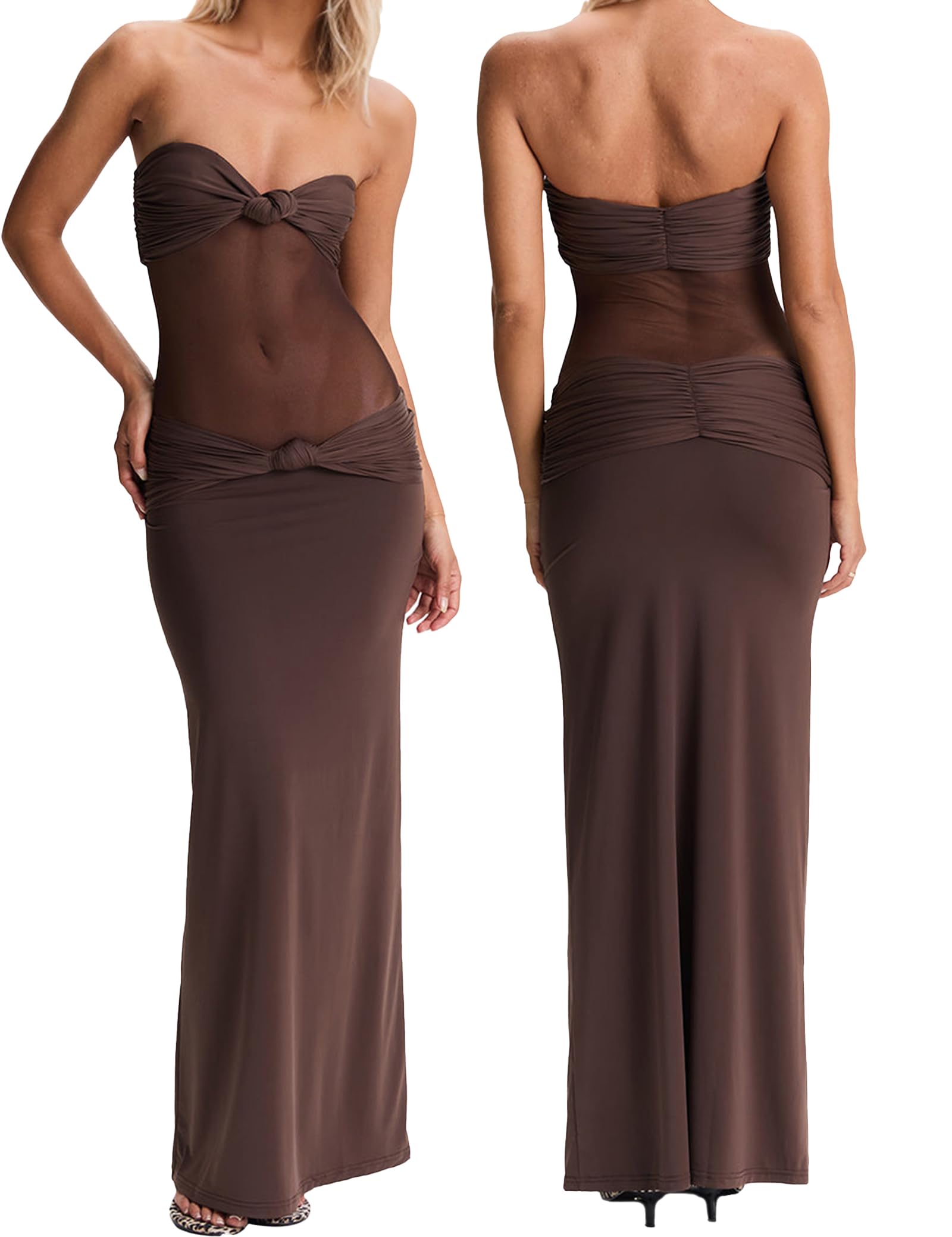 Photo 1 of *medium* Women’s Maxi Dress Removable Spaghetti Straps Knotted Twist Sweetheart See Through Night Club Party Cocktail Bodycon Dress Brown