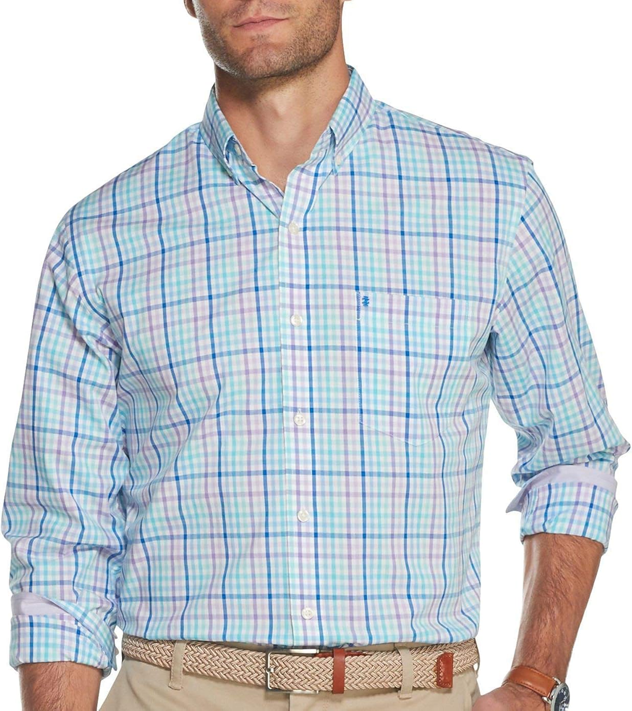 IZOD Men's Button Down Long Sleeve Stretch Performance Gingham Shirt at  Men’s Clothing store