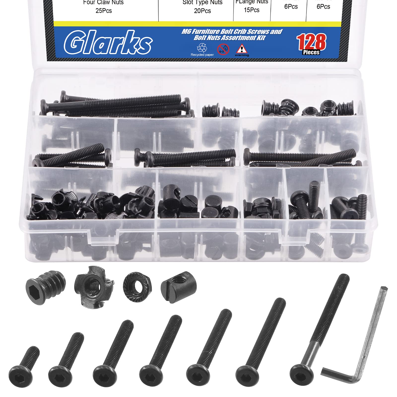 Glarks 128Pcs M6x20/30/40/50/60/70/80mm Baby Bed Crib Screws Bolts Hex Socket Head Cap Screw with Barrel Nuts, Threaded Insert Nuts, T-Nut, Flange Nut and Allen Wrench for Wood, Cabinetry, Furniture