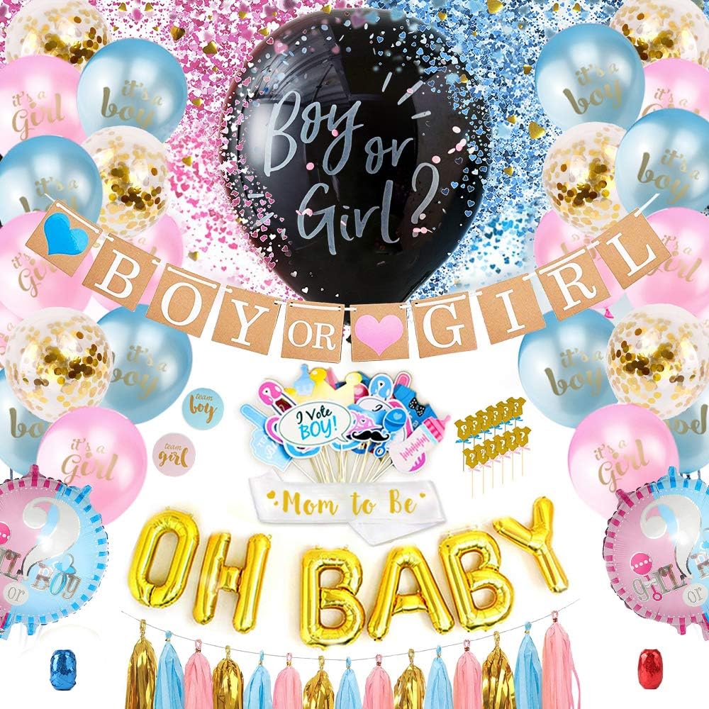 S SUNINESS Gender Reveal Party Supplies - 130 Pieces Boy or Girl Gender Reveal Set, Included Black Gender Reveal & Confetti & Foil Balloon, Mom Sash, Banner, Stickers, Photo Props, Cupcake Toppers, Tassels, Balloon Pump