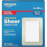 Amazon Basic Care Sheer Adhesive Pad Bandages for Minor Cuts, Scrapes and Wounds, Extra Large 3 x 4 in, Non-Stick Pad, 30 Count