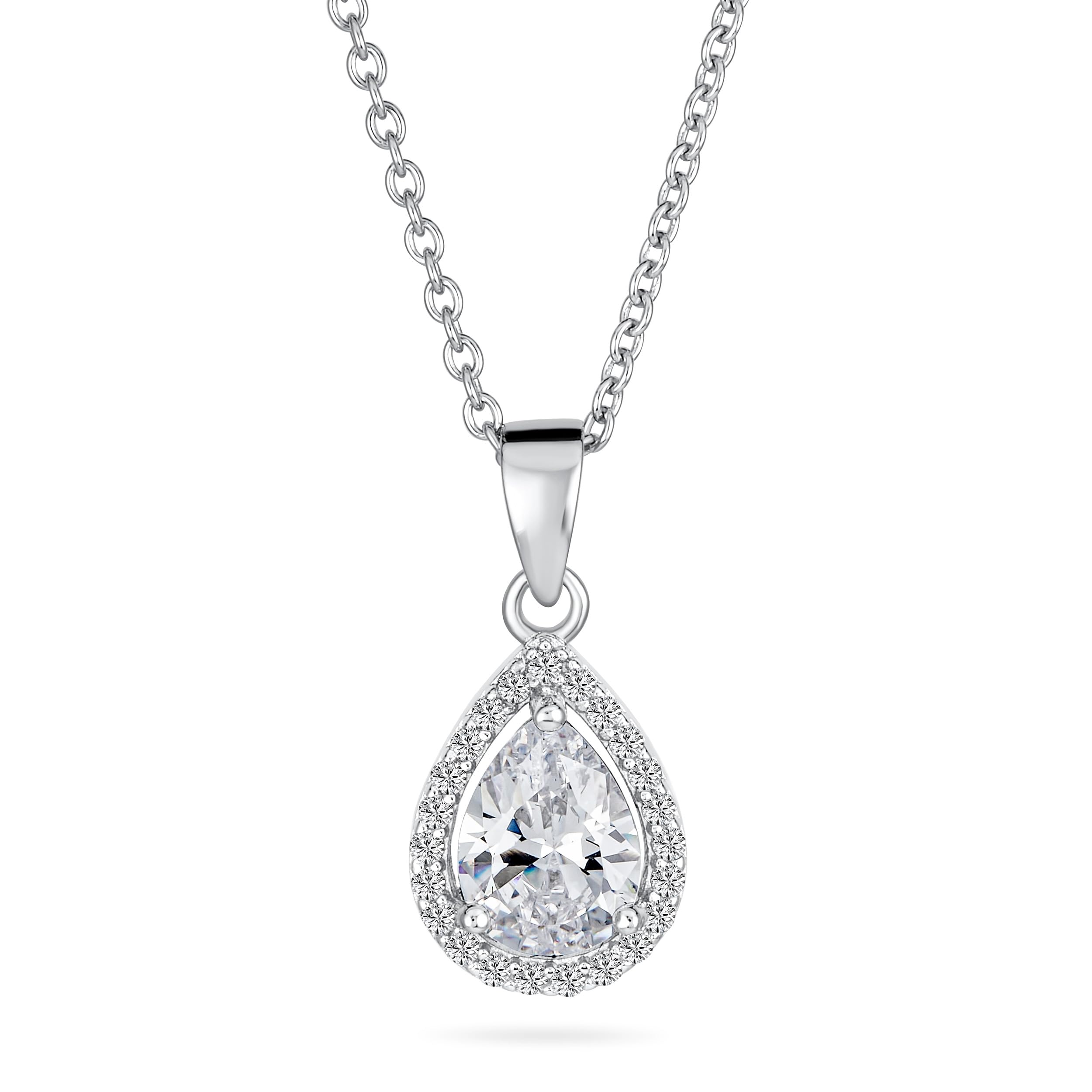 Bling Jewelry 925 Sterling Silver Victorian Vintage Style Delicate Bridal Pear Shape Clear Solitaire Cubic Zirconia AAA CZ Halo Teardrop Pendant Necklace For Women