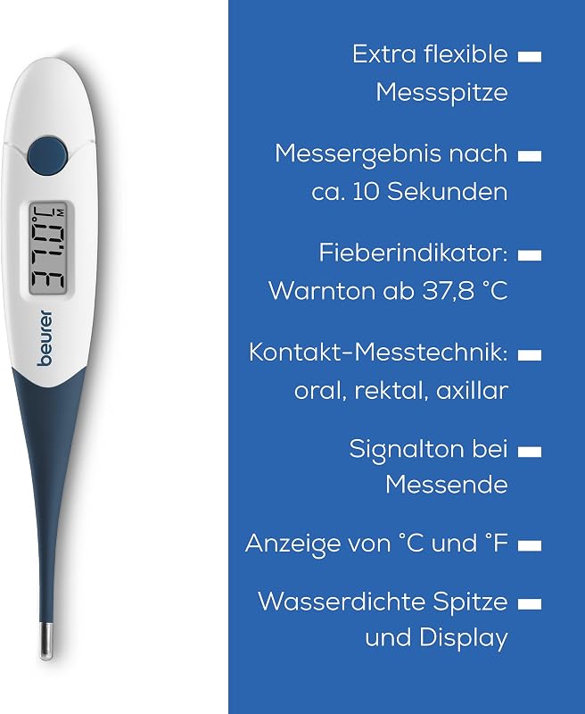 FT 17 digitales Fieberthermometer, Thermometer mit flexibler Messspitze für orale, rektale & axillare Messung, Messergebnis in 10 s, Fieberindikator, für Babys, Kinder und Erwachsene, Blau-weiß