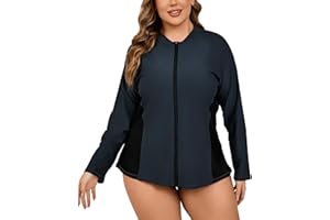 Halcurt Women's Plus Size Rash Guard Long Sleeve Swim Shirts Full Zip Swimsuit Top UPF50+ Loose Fit Bathing Suit