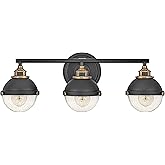 Hinkley Fletcher Three Light Bath Vanity Fixture, Dome Shade and Clear Seedy Glass, Black and Heritage Brass Accents