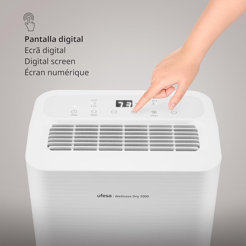 Wellness Dry 2000 Deumidificatore 280W, 12L/24h, Silenzioso 47dB con Pannello Intuitivo, Funzione di Asciugatura dei Vestiti, Sensore di Umidità, Capacità 2L, 2 Velocità, Timer, Fino a 40m2