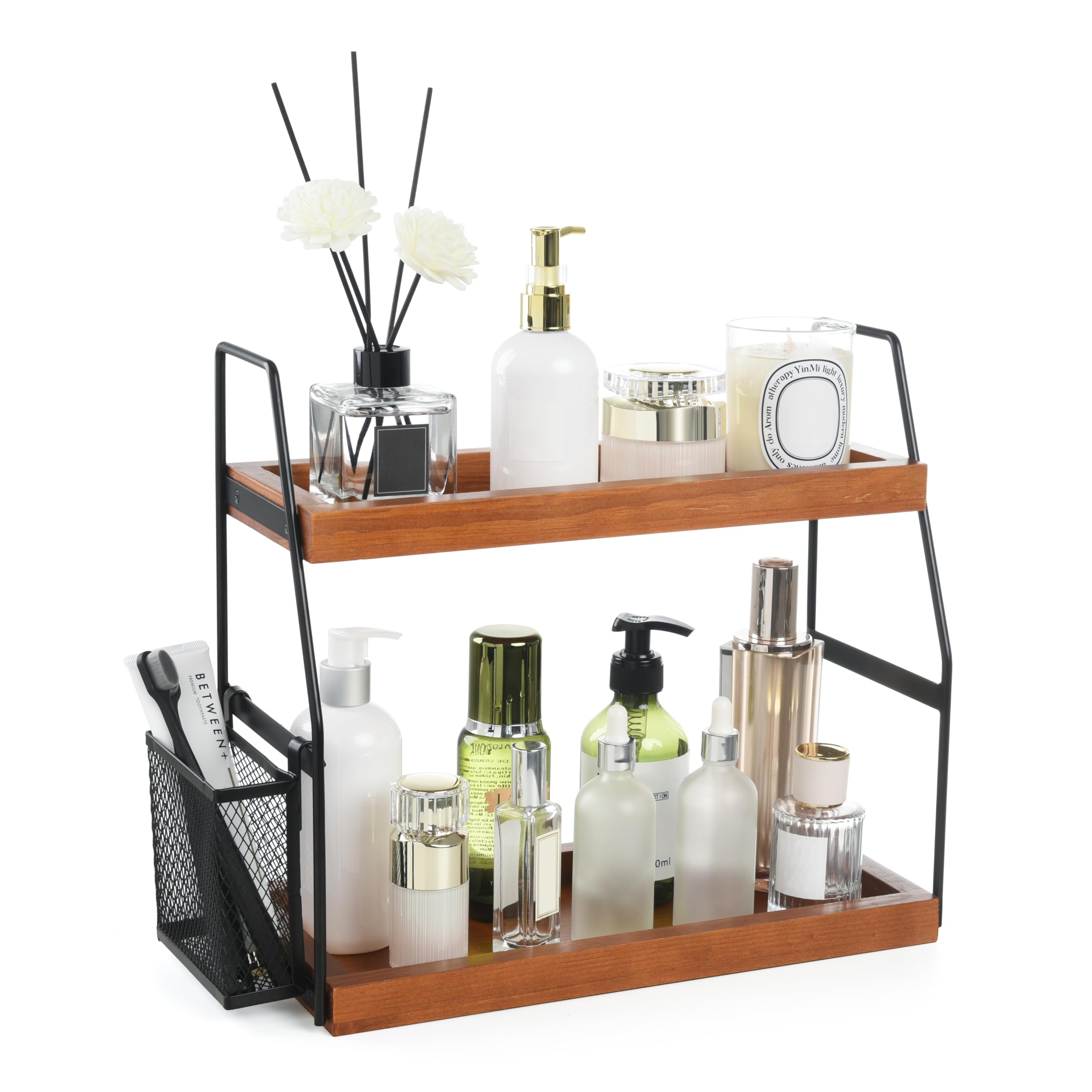 Photo 1 of Bathroom Counter Organizer, 2-Tier Standing Storage Shelf with Basket, Wood Tray for Skincare Vanity Organizer(Brownish)