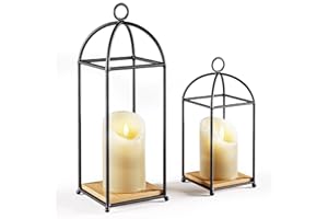 HB DESIGN CO. Candle Lanterns Decorative Indoor Set of 2 with 2 LED Candles Included - 13 Inch and 10 Inch Tall Iron & Bamboo Candle Lantern Set - Indoor Decorative Lanterns for Home Decor - Farmhouse Lantern Decor