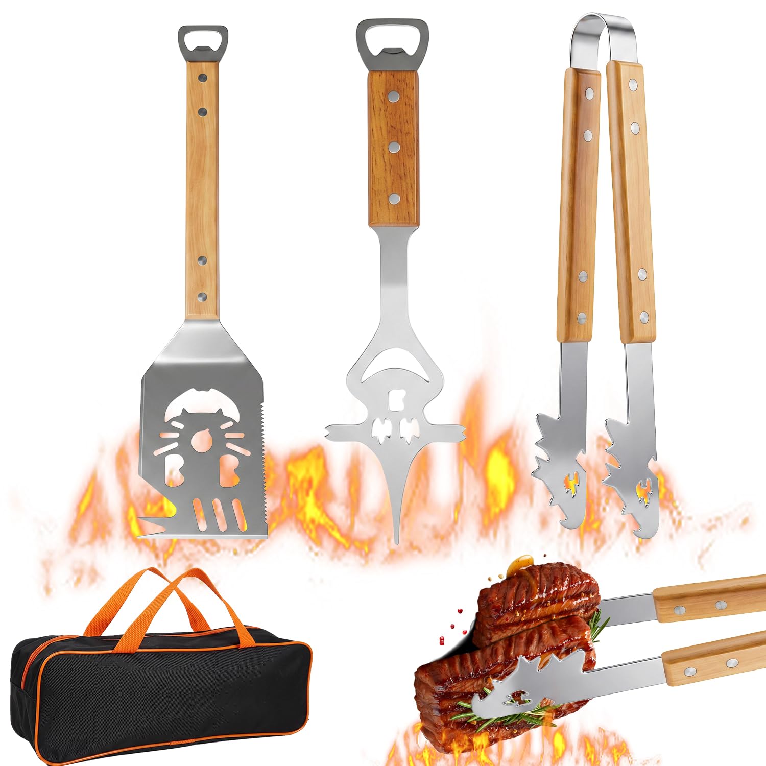 7-in-1 Grillbesteck Set Edelstahl, Multifunktionales Grillspachtel mit Grillzange und Grillgabel, BBQ Grill Zubehör, Kreativer Grillzubehör Männer Geschenk, Grill Geschenke für Männer/Frauen/Eltern