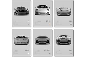 6Pcs Black & White Sports Car Canvas Posters - Racing Car Wall Art for Bedroom Office Dorm Room Decor (8x12 Inch Unframed)