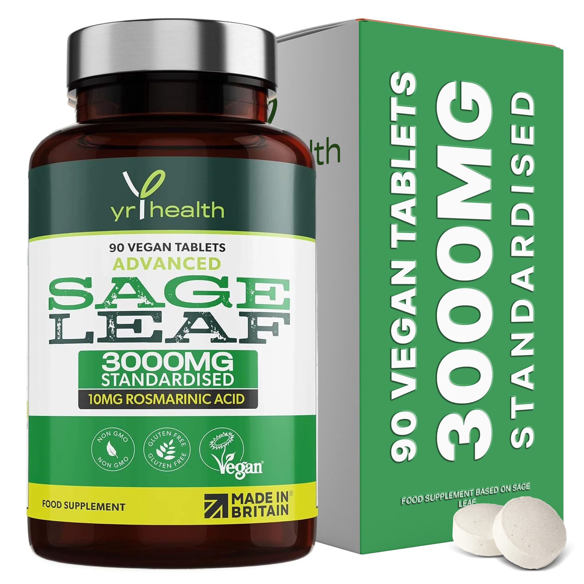Sage Tablets 3000mg High Strength - 90 Vegan Tablets not Capsules - Standardised 10mg Rosmarinic Acid - Made in The UK by YrHealth