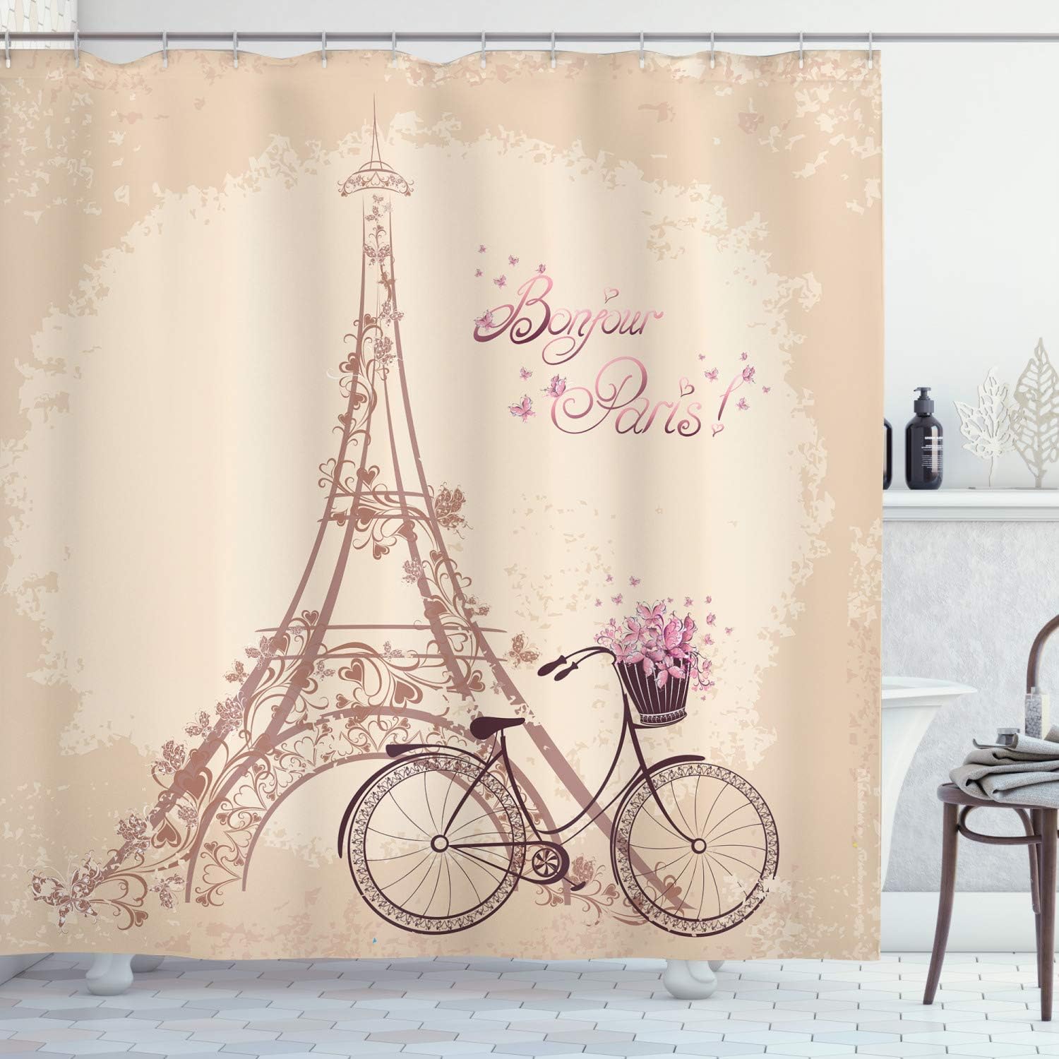 Ambesonne Paris Shower Curtain, Bonjour Paris Eiffel Tower
